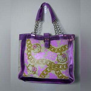 Sanrio Hello Kitty Faux Straw Tote Bag Purse Faux Leather Metallic Straps